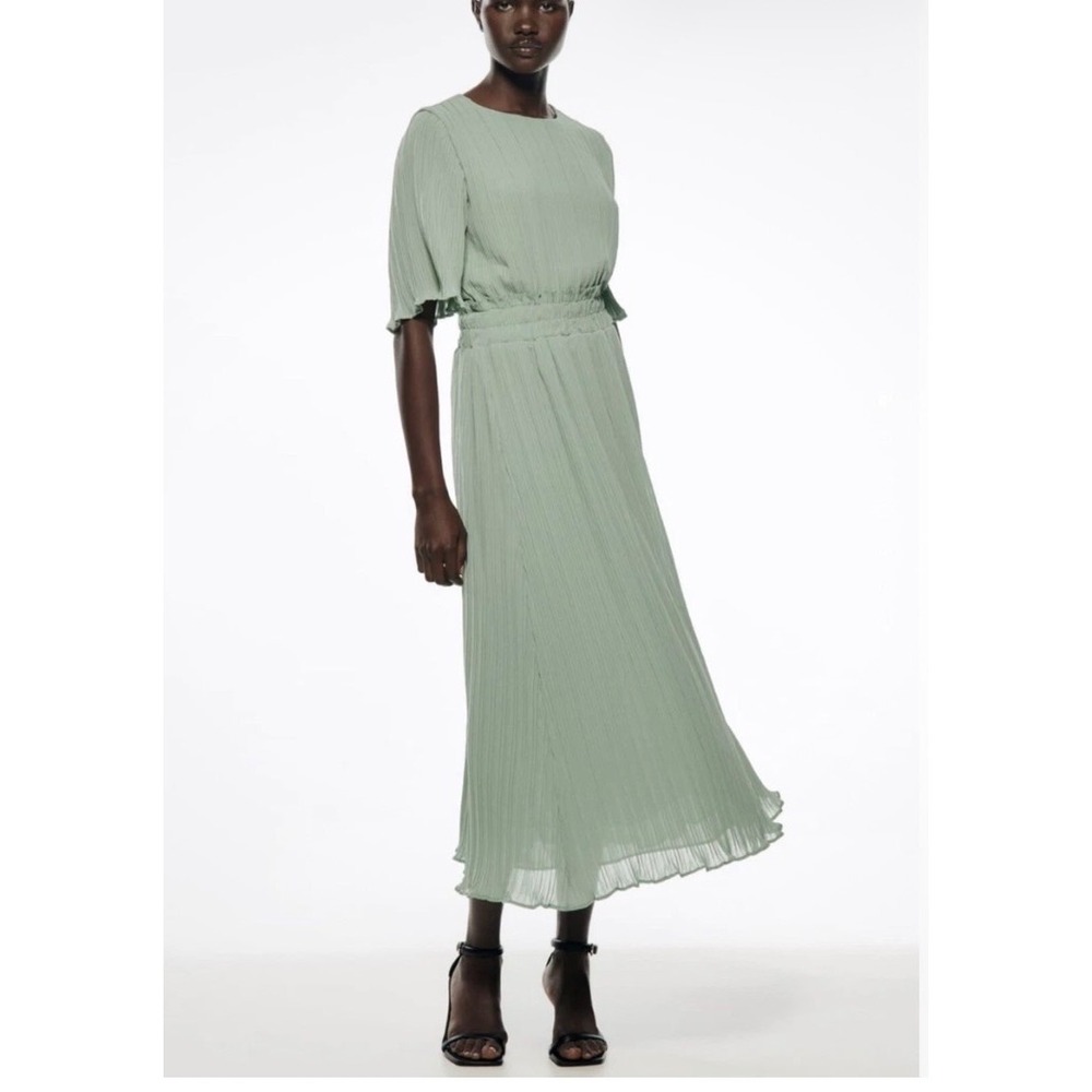 Zara Sm Mint Green Smocked Waist Button Front Midi Dress Short Flutter Sleeve